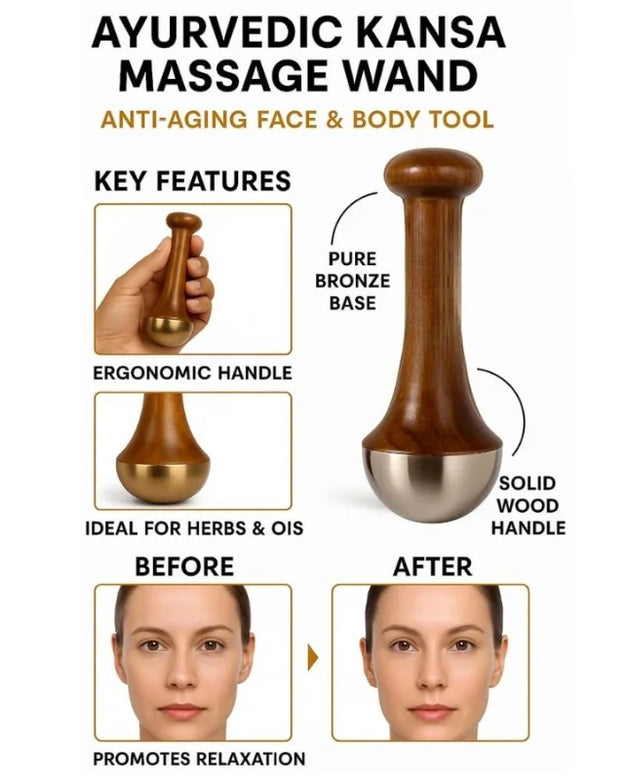 Kansa Wand Face & Foot Massager | Ayurvedic Bronze Massage Tool with Wooden Handle | For Face, Neck, Head & Body