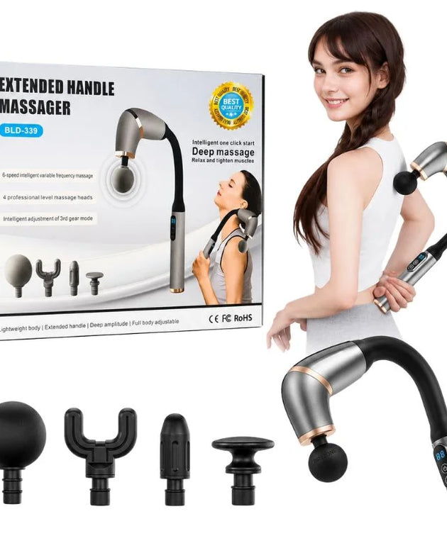 Long Handle Fascial Gun Massager | Model: BLD-339 |  Rechargeable Massage Gun with 4 Interchangeable Heads | Full Body Muscle Relaxation